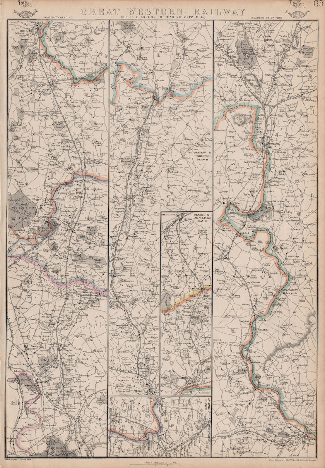 GREAT WESTERN RAILWAY 1. London to Windsor, Reading & Oxford. WELLER 1863 map